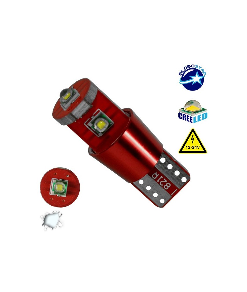 GloboStar® T10 W5W 04477 Λαμπτήρας LED T10 Can Bus με 3 CREE LED 12v 6000k